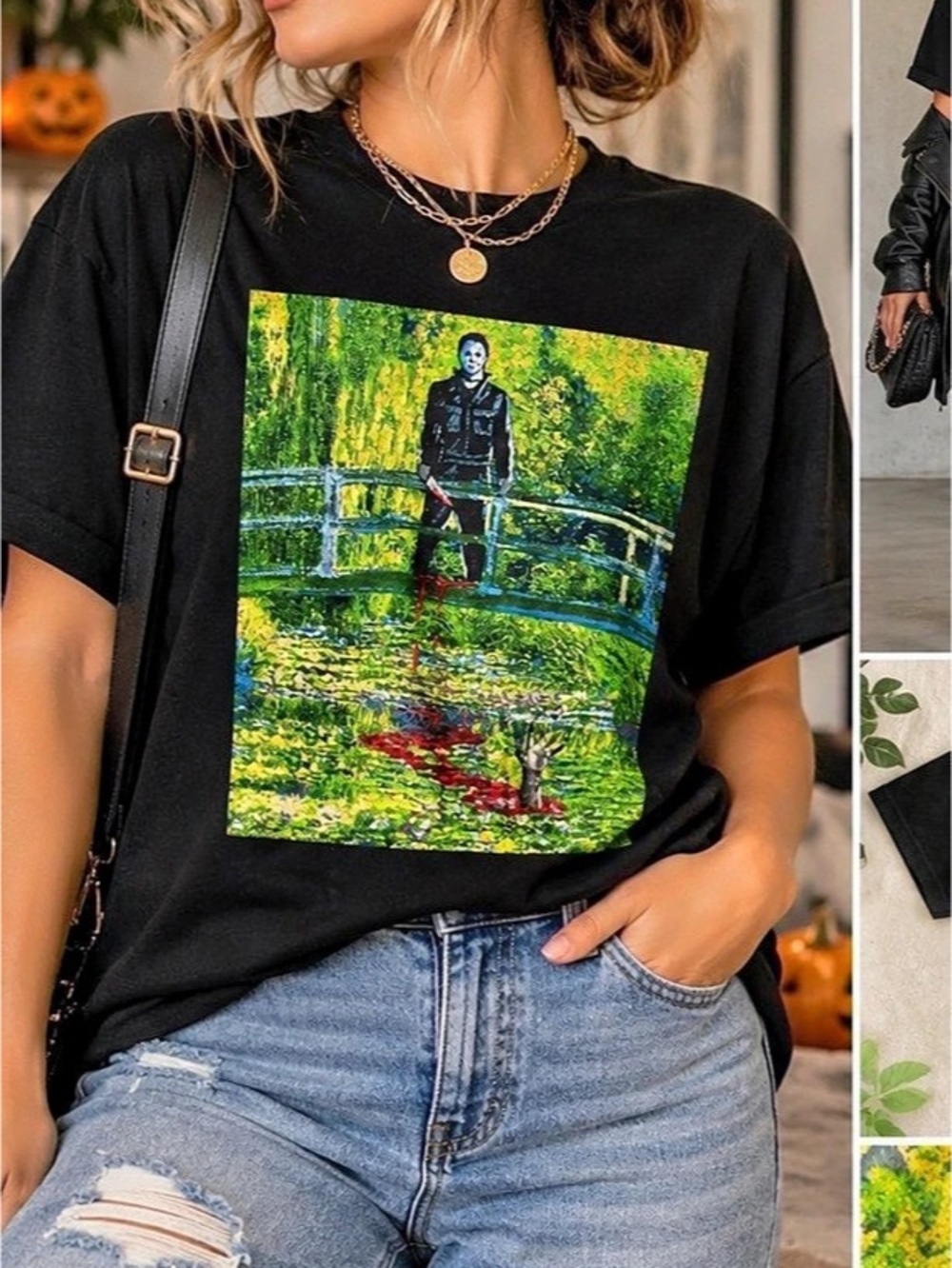 Halloween Michael Myers Monet Bridge Art Parody Black Graphic Tee